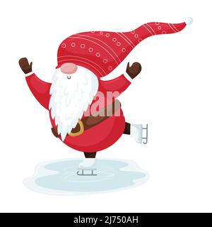Ein Weihnachtsgnome mit einem Bart in einem roten Hut läuft auf einer Eislaufbahn. Die niedliche Zeichentrickfigur des neuen Jahres ist auf weißem Hintergrund isoliert. Farbvekt Stock Vektor
