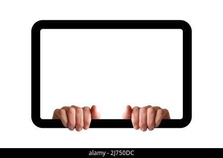 Hände, die einen weißen Rahmen halten, isoliert auf weißem Hintergrund, Kopierraum für Gesichter und Texte, zwei Hände und Rahmen, Mockup-Konzept, leerer Bereich Stockfoto