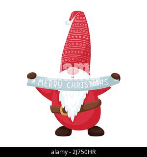 Ein Weihnachtsknome mit einem Bart in einem roten Hut hält ein Band mit den Worten Frohe Weihnachten in seinen Händen. Die niedliche Zeichentrickfigur des neuen Jahres ist isoliert Stock Vektor