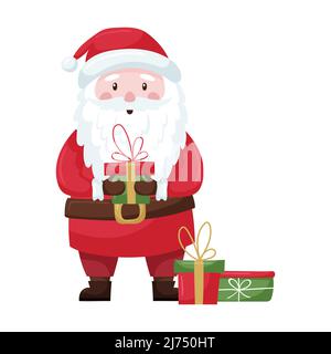 Ein niedlicher Weihnachtsmann in einem roten Anzug und Hut hält ein Geschenk in seinen Händen. Der Weihnachtsmann lächelt. Entzückender Charakter im flachen Stil. Isola Stock Vektor