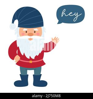 Ein kleiner Gnom mit Bart und einem blau gestreiften Hut winkt ihm die Hand. Eine Postkarte mit einem kleinen Zwerg und der Inschrift Hey. Netter Cartoon alter Mann, ein Char Stock Vektor