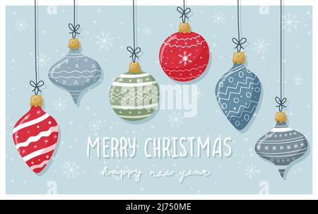 Eine Grußkarte. Weihnachtsspielzeug mit handgezeichneten Mustern und Ornamenten und handgeschriebenen Worten Frohe Weihnachten und Frohes neues Jahr. Blauer Hintergrund mit Stock Vektor
