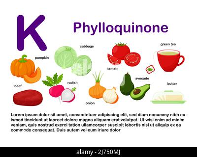 Rechteckiges Poster mit Lebensmitteln, die Vitamin K. Phylloquinon enthalten. Medizin, Ernährung, gesunde Ernährung, Infografiken. Produkte mit dem Namen.Flat c Stock Vektor