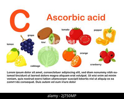 Rechteckiges Plakat mit Lebensmitteln, die Vitamin C. Ascorbinsäure enthalten. Medizin, Ernährung, gesunde Ernährung, Infografiken. Produkte mit dem Namen.Flat c Stock Vektor