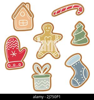Ein Set weihnachtlicher Ingwerkekse mit mehrfarbiger Creme und Glasur. Die Design-Elemente sind handgezeichnet in einem flachen Cartoon-Stil isoliert auf einer weißen BA Stock Vektor