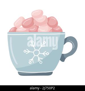 Ein blauer Becher mit Schneeflocke und rosa Sumpflaibchen. Handgezeichnete flache Winterschale mit heißem Getränk. Das Designelement ist auf einem weißen Hintergrund isoliert. Co Stock Vektor