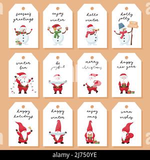 Ein Set von Geschenkanhänger, Etiketten mit niedlichen Weihnachtsfiguren - Weihnachtsmann, Schneemann, Gnom auf weißem Hintergrund und handgeschriebene Phrasen, Herzlichen Glückwunsch. Temp Stock Vektor