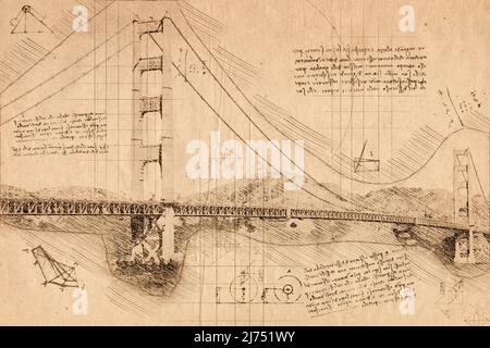 Skizze der Golden Gate Bridge, San Francisco, Kalifornien, USA. Da Vinci-Konzept Stockfoto