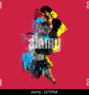 Collage zeitgenössischer Kunst. Mann, professioneller männlicher mma-Kämpfer, thai-Boxer isoliert auf rotem Hintergrund mit Farbexiston-Effekt. Sportposter Stockfoto