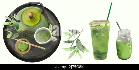 Sammlung von grünem Matcha-Tee: Matcha, Bambus-Matcha-Schneebesen, eine Tasse Matcha und Teekannen. Zutat für chinesische und japanische Teezeremonie. Handgezeichnet Stockfoto