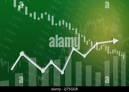 Finanzen grünen Hintergrund mit Kerzenständer, Spalte, Pfeil und Grafiken. Finanzmarktkonzept. 3D Render, weicher Fokus Stockfoto