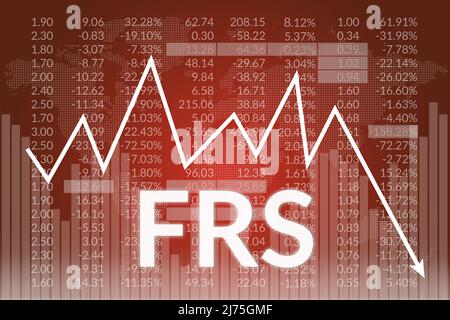 Financial Term FRS – Federal Reserve System auf dunkelrotem Finanzhintergrund aus Grafiken, Diagrammen. Abwärtstrend. Finanzmarktkonzept Stockfoto