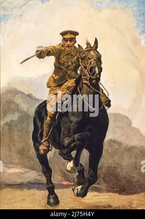 Ein Detail aus einem britischen Poster, das einen berittenen Soldaten auf dem Pferderücken mit vollem Galopp zeigt, der ein Schwert schwingt, in einer typischen Kavallerie-Anklage. Unbekannter Interpret. Ohne Textzuschreibung befindet sich diese Illustration des frühen 20.. Jahrhunderts wahrscheinlich in Frankreich oder Belgien während der frühen Tage des Ersten Weltkriegs. Der Künstler ist unbekannt. Stockfoto