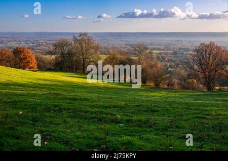 Wunderschöne Aussicht im Spätherbst südlich des weald von den Kent Downs in der Nähe von Sevenoaks im Südosten Englands Stockfoto