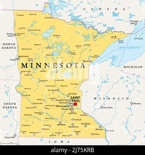 Minnesota, MN, politische Karte, mit Hauptstadt Saint Paul und Metropolregion Minneapolis. Staat im oberen Mittleren Westen der Vereinigten Staaten. Stockfoto