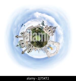 360-Grad-Illustration (Erdansicht) mit berühmten Sehenswürdigkeiten und Sehenswürdigkeiten von Wien, Österreich, September 2019 Stockfoto