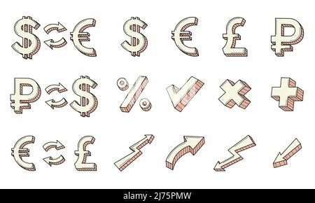 Eine Reihe von farbigen Doodle Geschäft, Symbole. Geldwechselsymbole, Rubel, Dollar, Euro, Pfund, Pfeile. Wachstum und Rückgang der Währung. Handzeichnen Stock Vektor