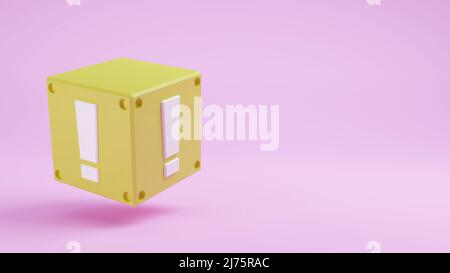 Gelbes Item-Feld mit weißem Ausrufezeichen-Zeichen-Symbol für Spiel 3D Rendering Illustration Stockfoto