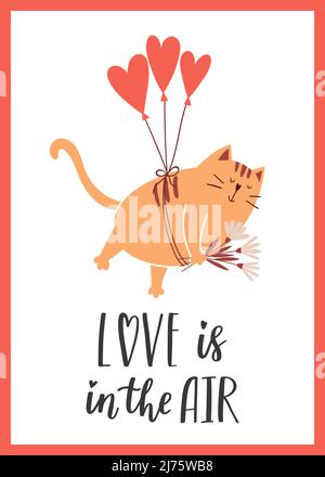 Eine Grußkarte mit einer niedlichen Katze, die auf herzförmigen Luftballons fliegt und Blumen in den Pfoten hält. Die handschriftliche Phrase Liebe liegt in der Luft. Cartoon ve Stock Vektor