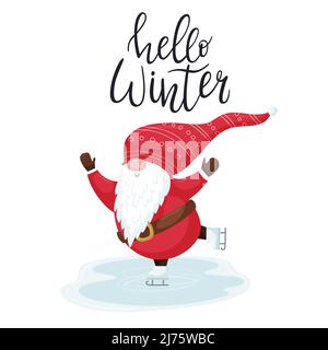 Eine Postkarte mit einem niedlichen Weihnachtsknome in einem roten Hut Schlittschuh auf einer Eisbahn. Hand Lettering Phrase - Hallo Winter. Eine einfache Cartoon Farbe Vektor illust Stock Vektor