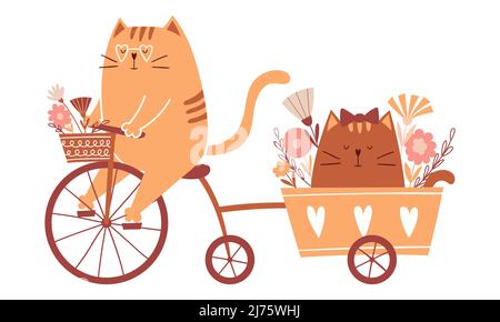 Niedliche Cartoon-Katze fährt ein Fahrrad und trägt eine Katze in einem Wagen mit Blumen. Fröhliche, entzückende Figuren für Valentinskarten. Vektor kindliche illus Stock Vektor