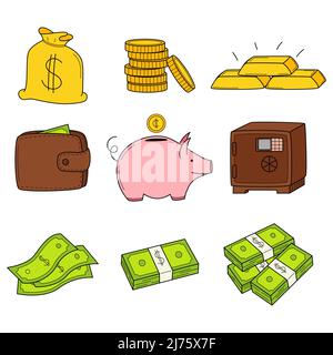 Eine Reihe von farbigen Doodle-Symbolen mit Geld, Münzen, Scheinen, Geldscheinen, einem Sparschwein, Bargeld, eine Brieftasche. Business, Bank, Geld Symbole. Von Hand gezeichnet Stock Vektor