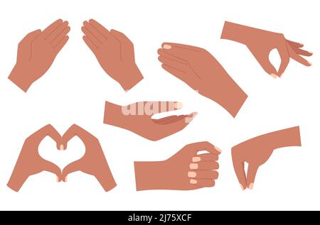 Ein Set mit leeren menschlichen Händen. Die Hand hält, gibt, zeigt eine Herzbewegung, hält mit zwei Fingern, eine Pinch-Geste. Cartoon dunkelhäutige Hände. Vec Stock Vektor