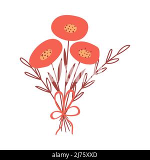 Ein einfaches Blumenarrangement mit Blumen und einer Schleife. Ein Bouquet mit abstrakten roten Blumen und Zweigen. Vektor botanische Illustration isoliert auf einem weißen b Stock Vektor
