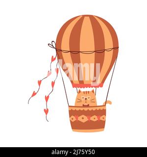 Niedliche Cartoon-Katze fliegt auf einem heißen Ballon mit Herzen. Niedliches dekoratives Element für Valentinstag-Grußkarten. Vektordarstellung isoliert auf einem Stock Vektor