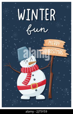 Weihnachtskarte. Ein Schneemann mit einem Eimer und einem fröhlichen Weihnachtsschild auf einem dunklen Hintergrund mit Schneeflocken. Hand Lettering - Winterspaß. Niedlicher fl Stock Vektor