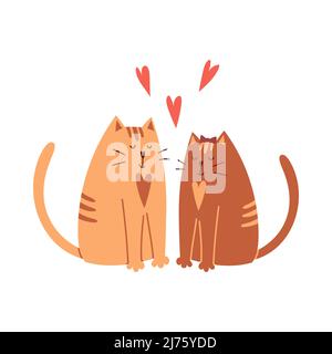 Nette Zeichentrickkatzen in der Liebe sitzen, lächeln. Einfache kindliche Figuren für Valentinskarten. Vektordarstellung isoliert auf einer weißen Hintergrundrou Stock Vektor