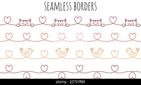 Horizontale nahtlose Grenzen mit linearen Katzen, Vögeln und Herzen. Ein einfaches dekoratives Element für Rahmen. Ein Satz von Farbvektorrahmen, der auf einem Whi isoliert ist Stock Vektor