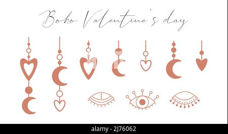 Ein Set aus Boho-Elementen mit Herzen, einem Halbmond, offenen und geschlossenen Augen. Boho-Symbole, Anhänger mit Herz. Dekorative Elemente für Valentine's Da Stock Vektor