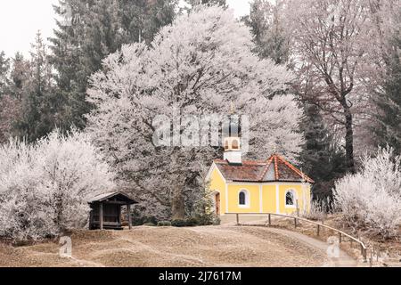 Die kleine Kapelle bei Krün im Werdenfelser Land im Winter im Raureif. Stockfoto