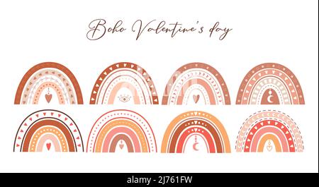 Boho-Regenbogen mit Herzen, Augen, Halbmond. Niedliche, einfache, pastellfarbene Regenbögen für das Kinderzimmer-Design und die Einrichtung zum Valentinstag. Farbvektor illustra Stock Vektor