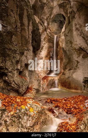 Ein kleiner Bach auf dem Kesselberg bei Kochel am See mit einer Pause im Fels und Wasserfall im Herbst. Stockfoto