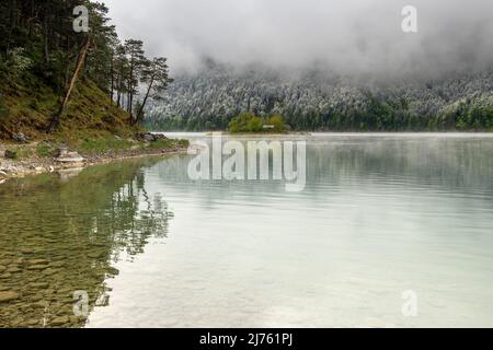 Kleine grüne Insel im Eibsee, unterhalb der Zugspitze in den bayerischen Alpen des Wettersteingebirges während der Eisheiligen im Frühjahr. Im Hintergrund Schnee auf dem frischen Grün des Waldes und dichten Regenwolken. Stockfoto