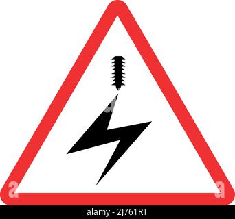 Warnschild für elektrifiziertes Überkopfkabel. Roter Dreieckhintergrund. Elektrische Sicherheitsschilder und -Symbole. Stock Vektor