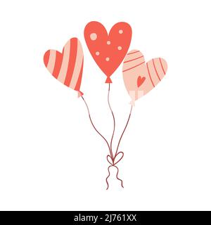 Herzförmige Luftballons mit einem Muster aus Streifen aus Punkten und Herzen. Niedliches dekoratives Element für Valentinstag-Grußkarten. Vektorgrafik ist Stock Vektor