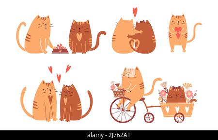 Eine Reihe von glücklichen Katzen verliebt. Fahrrad fahren, umarmen, ein Herz halten, Essen teilen. Niedliche Figuren für Valentinskarten. Sammlung von Vektor ch Stock Vektor