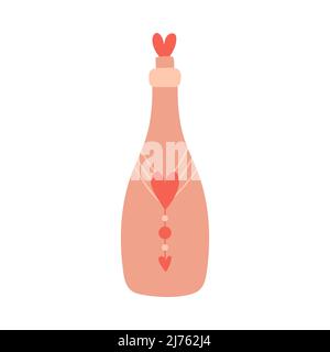 Glasflasche mit Kork, Dekor und Herzen. Trinken, Wein, Symbol der Romantik, Liebe. Ein dekoratives Element zum Valentinstag. Farbvektor-Abb. Stock Vektor