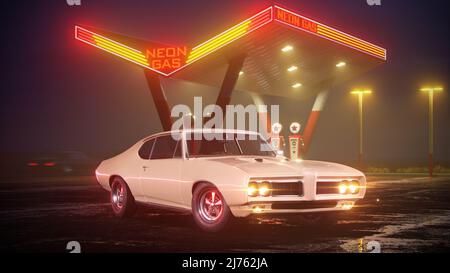 Neon-Tankstelle und Retro-Auto. Vintage Cyberpunk Auto. Nebel Regen und Nacht. Farbe lebendige Reflexionen auf Asphalt. 3D Abbildung. Stockfoto