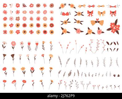 Ein großer Satz einfacher botanischer Elemente. Blumen, Blätter, Zweige, dekorative Objekte für Design. Flache Vektorgrafiken isoliert auf einem weißen Backgro Stock Vektor