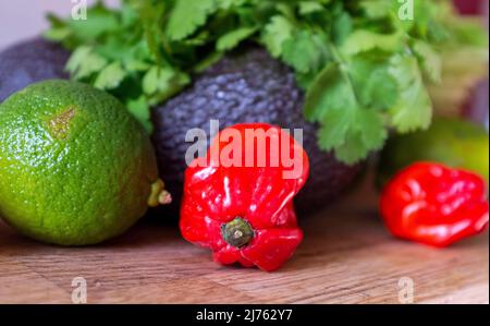 Frische rote Chilischoten aus Scotch Bonnet mit Limetten-Koriander und Avocado-Zutaten zur Herstellung von Guacamole Stockfoto