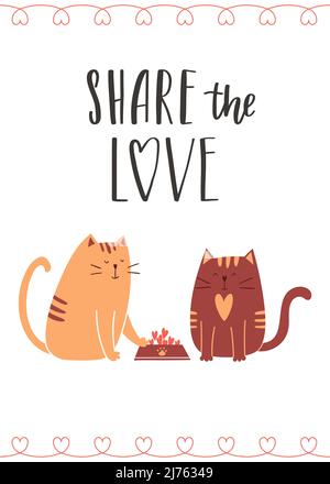 Valentinstag-Grußkarte mit niedlichen Katzen in der Liebe. Die Katze teilt Nahrung, Herzen. Die handgeschriebene Phrase Teilen Sie die Liebe. Handbeschriftetem Text. Zeichentrickfilm Stock Vektor