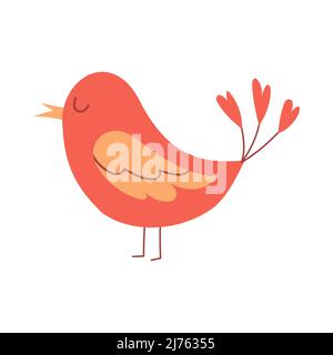 Ein einfacher niedlicher roter Vogel mit herzförmigen Federn am Schwanz. Niedlicher dekorativer Charakter für Valentinskarten. Einfacher, flacher Farbvektor, illustrat Stock Vektor