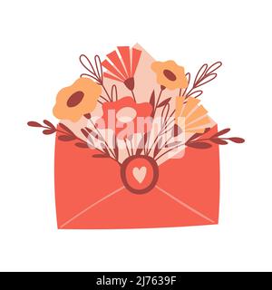 Ein Bouquet mit einfachen roten und gelben Blüten und Zweigen in einem Umschlag mit Herz. Dekoratives Element für Valentinskarten. Einfache flache Farbe ve Stock Vektor