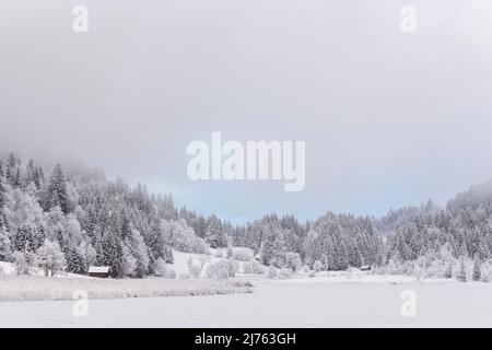 Während es leicht schneite, wurde dieses Bild vom Ufer des Geroldsee/ Wagenbrüchsee bei Gerold im Werdenfelser Land aufgenommen. Schneebedeckte Landschaft, Heuhaufen und der gefrorene See mit Schilfufer. Stockfoto