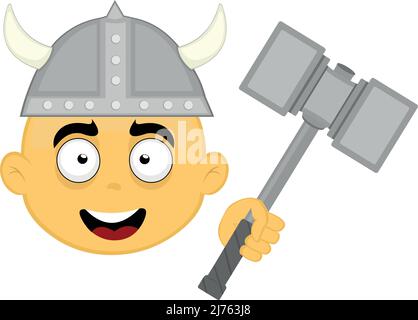 Vektor-Illustration eines gelben Zeichentrickfigur Gesicht mit einem wikingerhelm und Hammer Stock Vektor