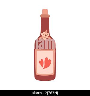 Glasweinflasche mit Kork, Blumen und Herzen. Trinken, Wein, Symbol der Romantik, Liebe. Ein dekoratives Element zum Valentinstag. Farbvektor illustra Stock Vektor